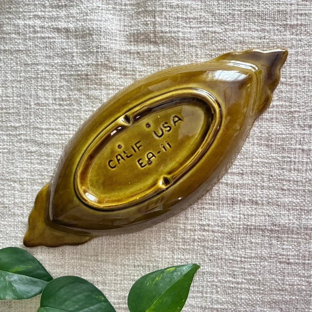 Vintage 1960s Ashtray Olive Green Blue Drip Glaze MCM Calif Pottery USA E9-11